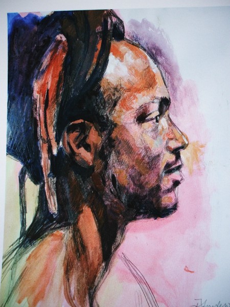 life study portrasit - head of a young black man in acrylic, pastel and pencil
