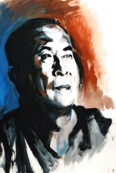 portrait of the Dalai Lama in mixed media (acrylic ink and pastel)