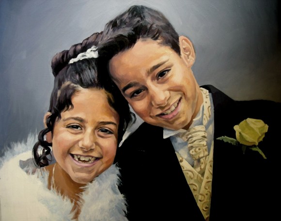 portrait of girl and boy in oils an canvas